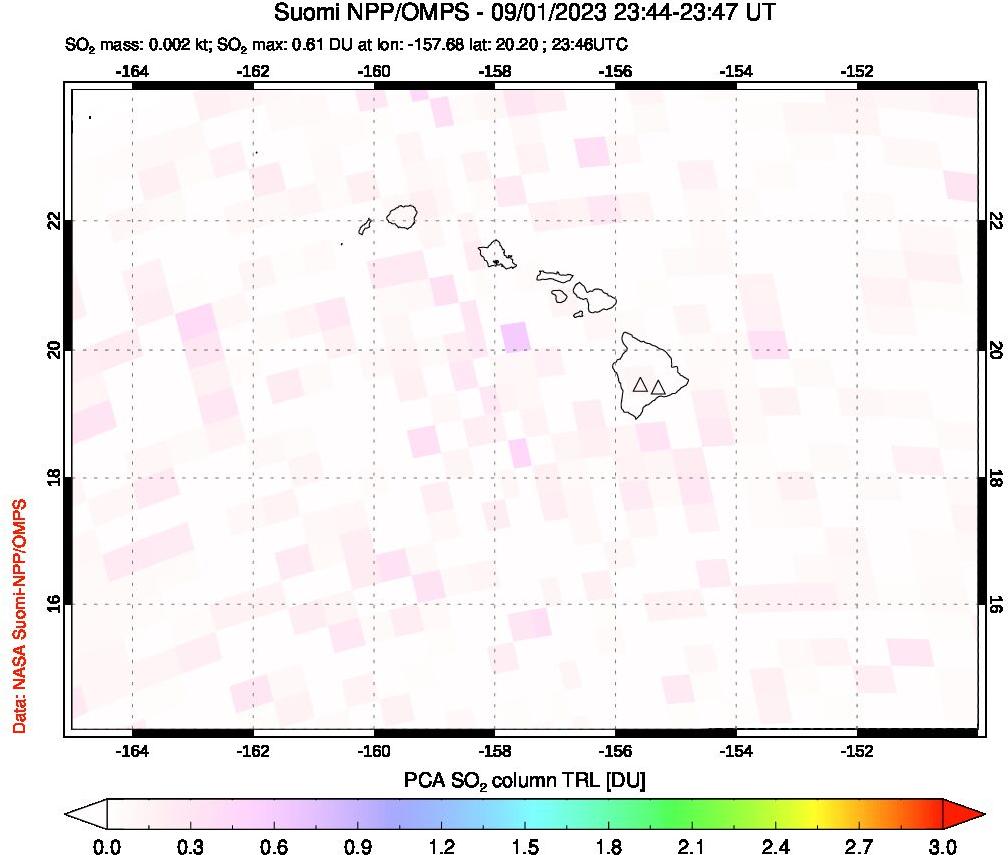 A sulfur dioxide image over Hawaii, USA on Sep 01, 2023.