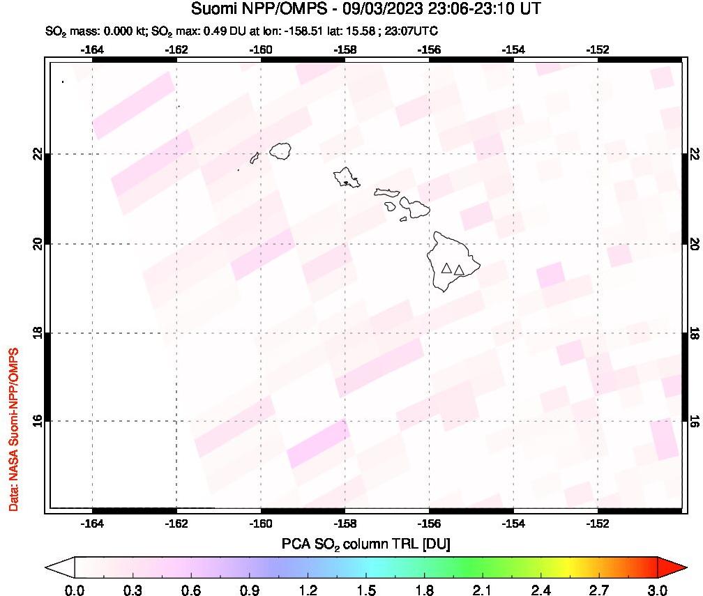 A sulfur dioxide image over Hawaii, USA on Sep 03, 2023.