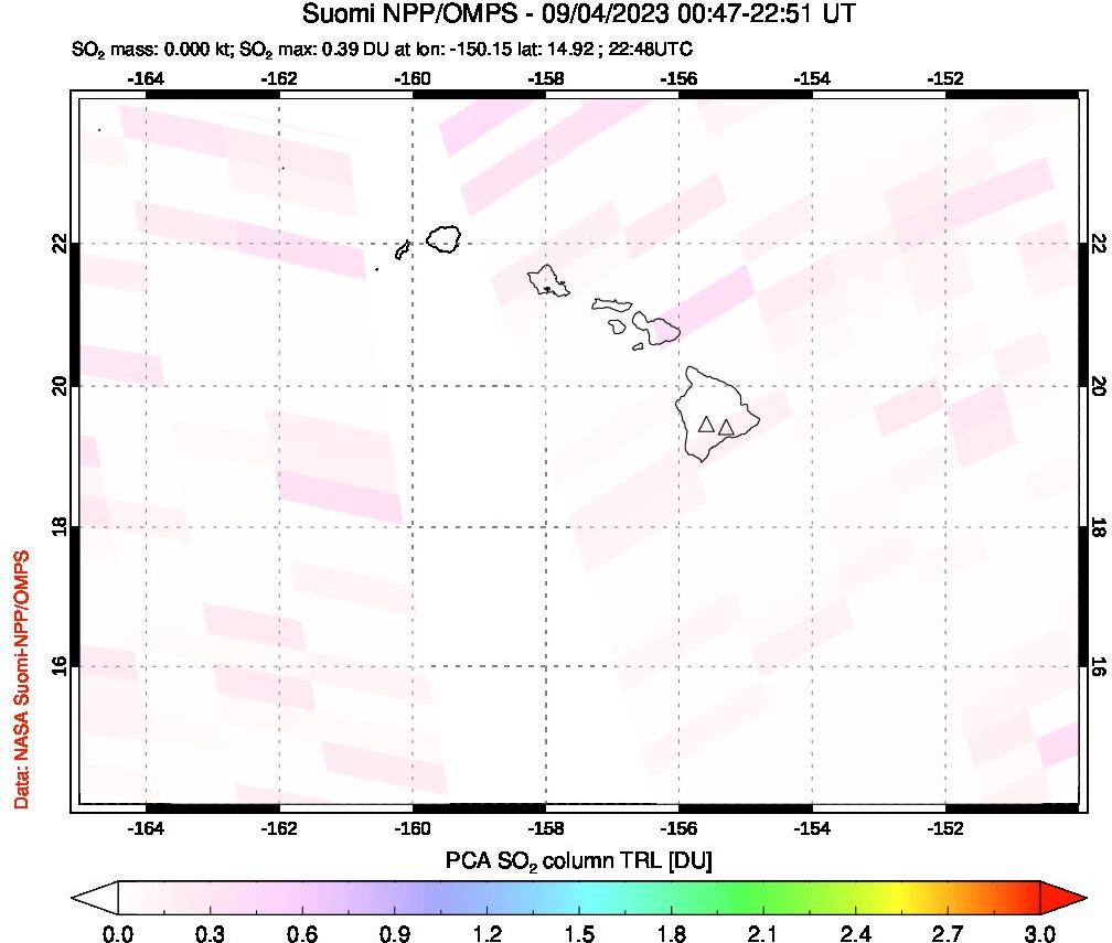 A sulfur dioxide image over Hawaii, USA on Sep 04, 2023.