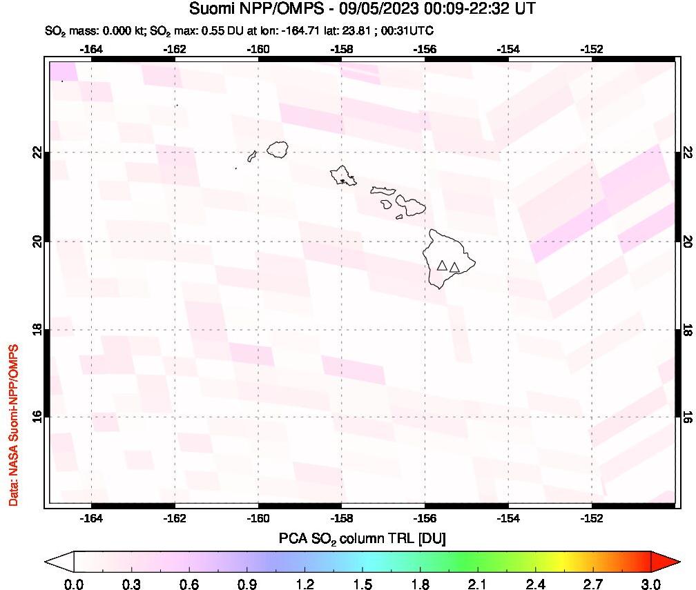 A sulfur dioxide image over Hawaii, USA on Sep 05, 2023.