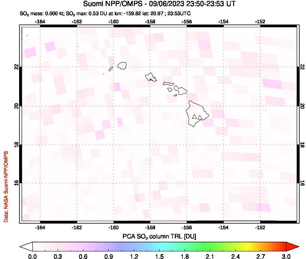 A sulfur dioxide image over Hawaii, USA on Sep 06, 2023.