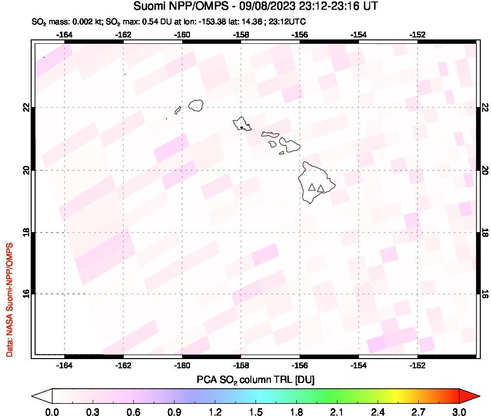 A sulfur dioxide image over Hawaii, USA on Sep 08, 2023.