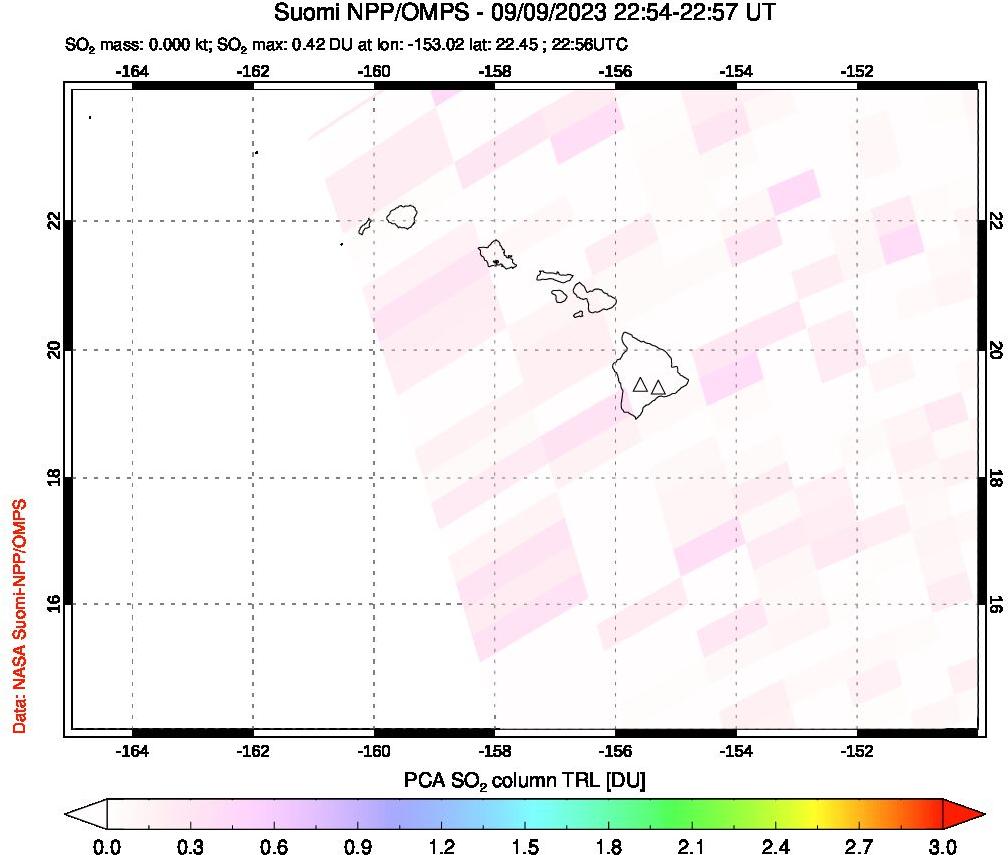 A sulfur dioxide image over Hawaii, USA on Sep 09, 2023.