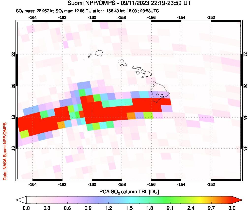 A sulfur dioxide image over Hawaii, USA on Sep 11, 2023.