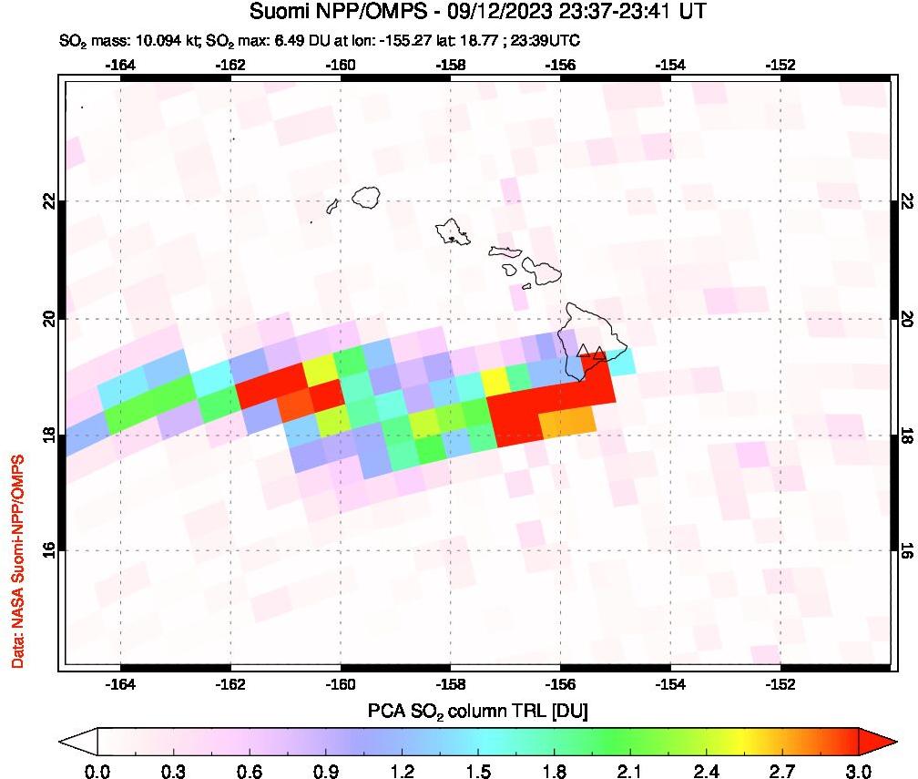 A sulfur dioxide image over Hawaii, USA on Sep 12, 2023.