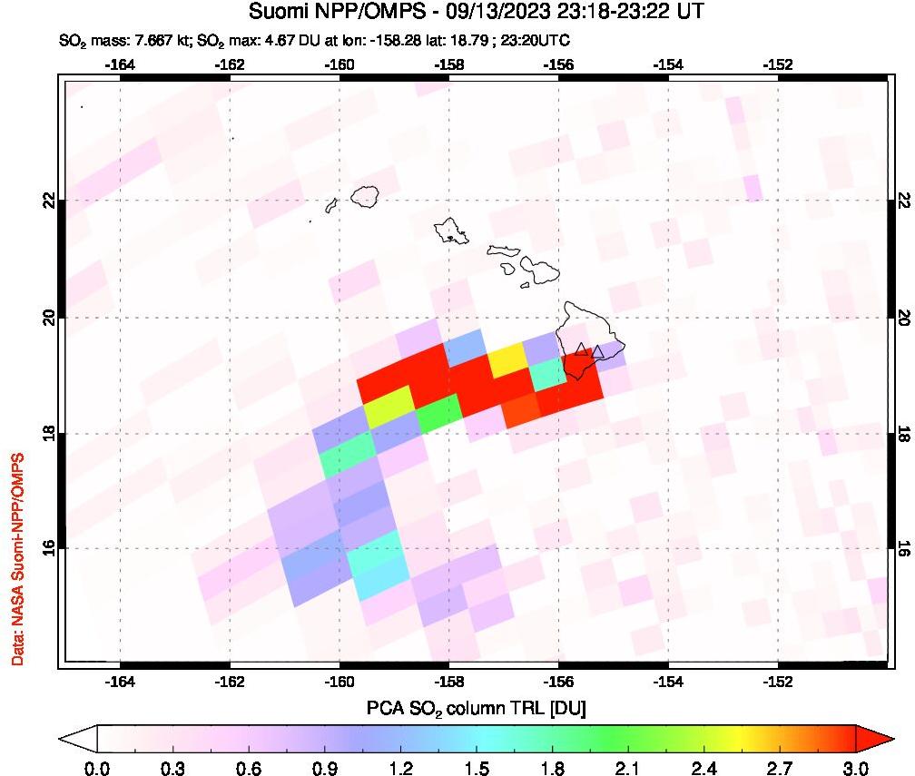 A sulfur dioxide image over Hawaii, USA on Sep 13, 2023.