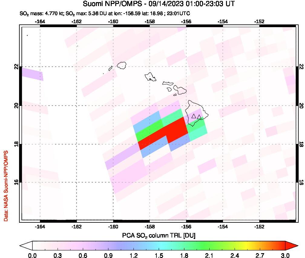 A sulfur dioxide image over Hawaii, USA on Sep 14, 2023.