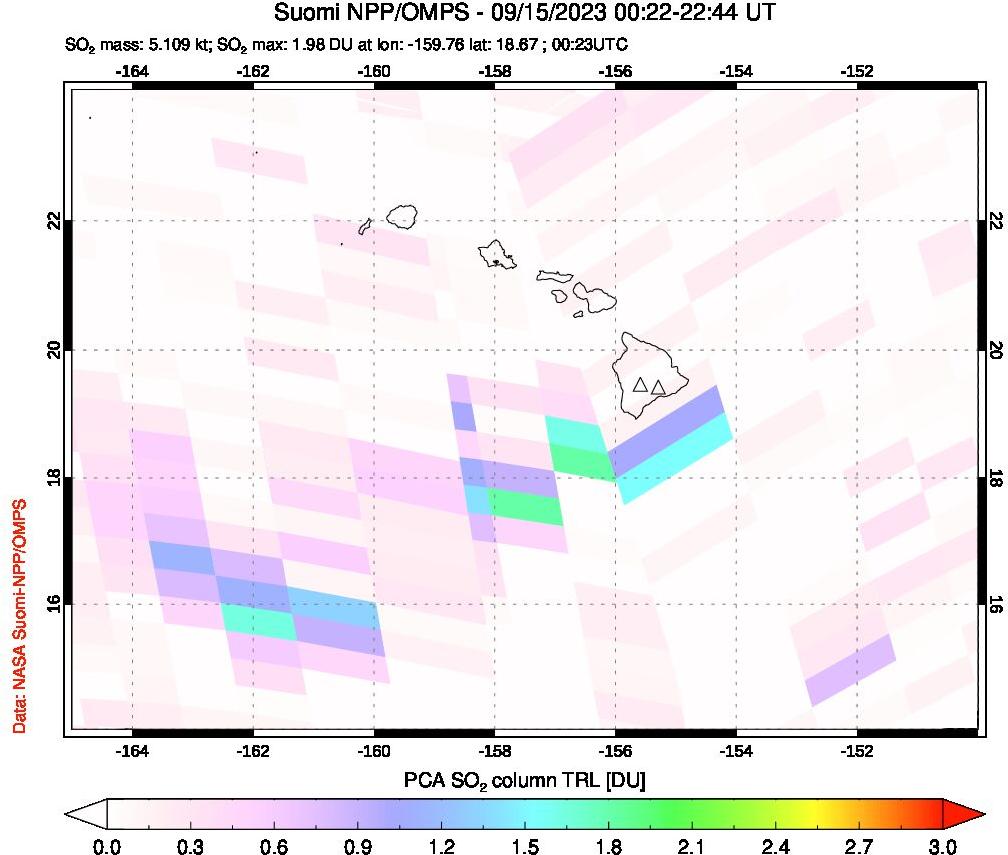 A sulfur dioxide image over Hawaii, USA on Sep 15, 2023.