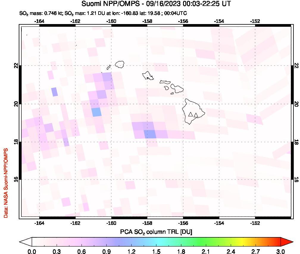 A sulfur dioxide image over Hawaii, USA on Sep 16, 2023.