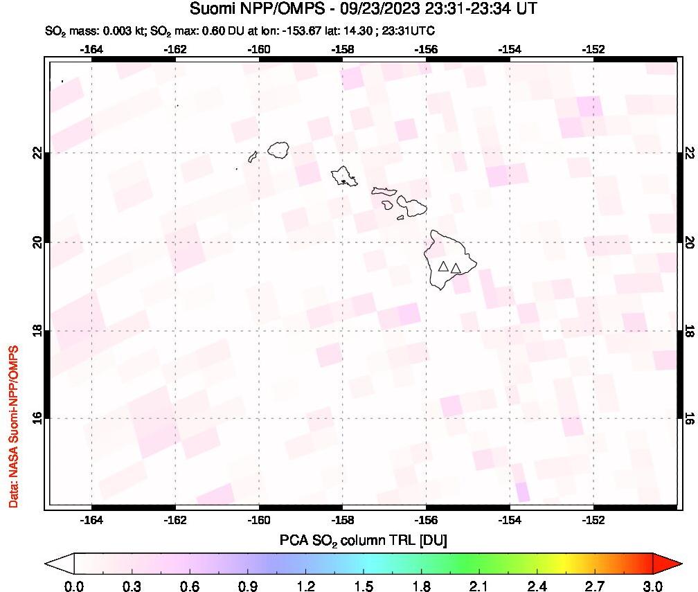 A sulfur dioxide image over Hawaii, USA on Sep 23, 2023.