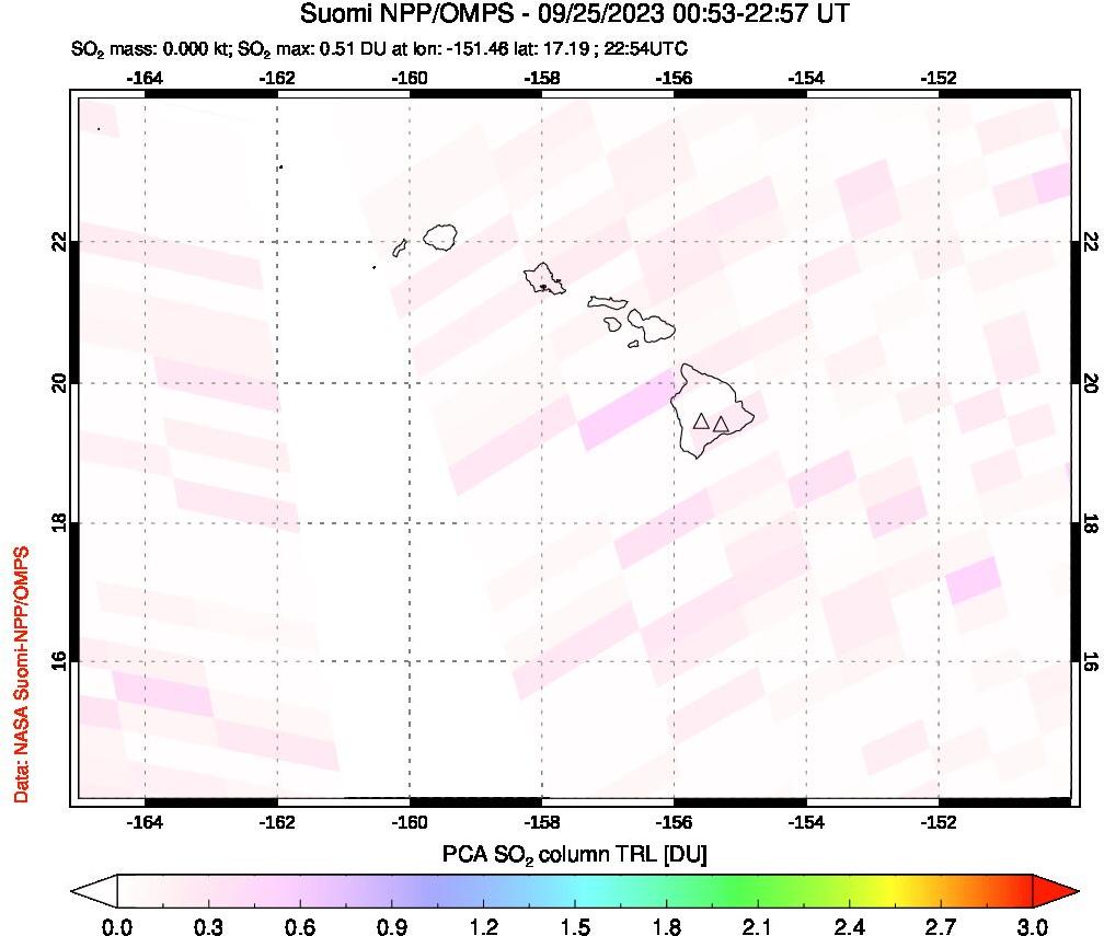 A sulfur dioxide image over Hawaii, USA on Sep 25, 2023.