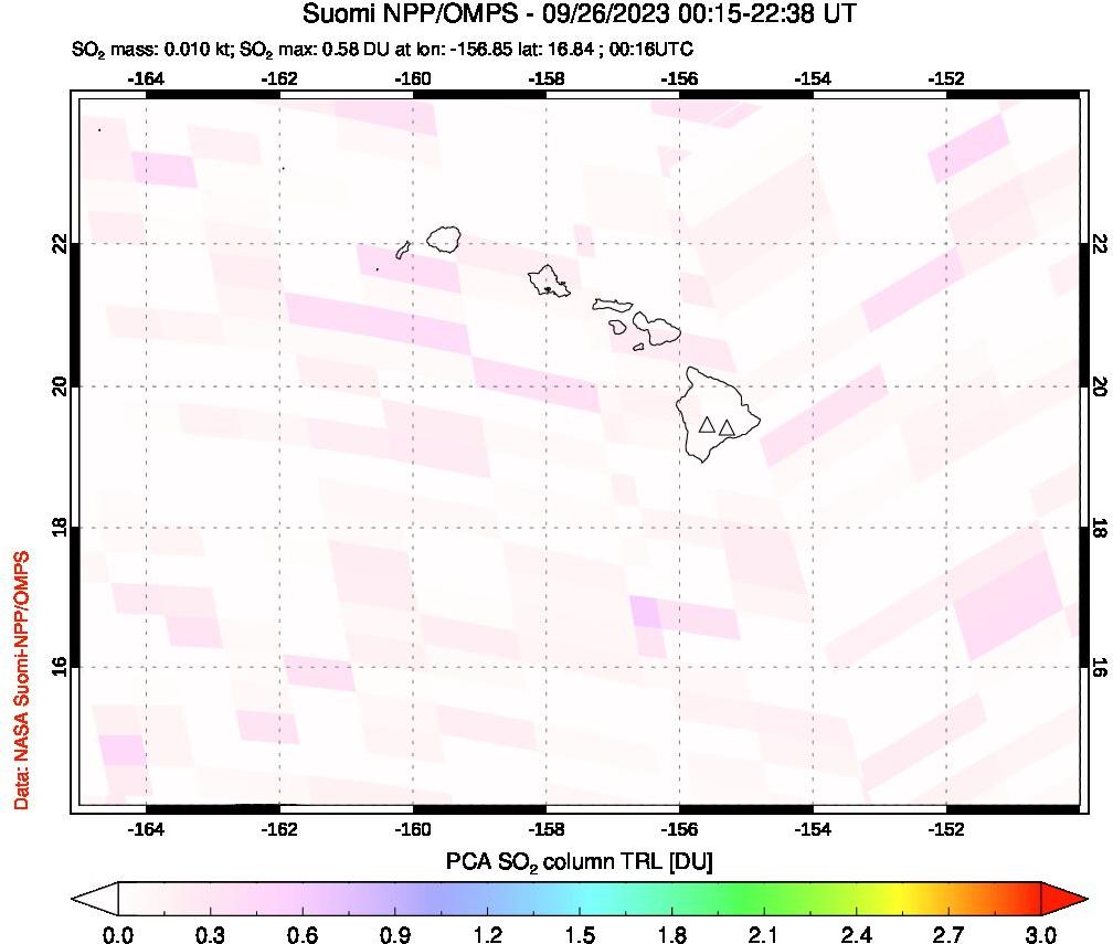 A sulfur dioxide image over Hawaii, USA on Sep 26, 2023.