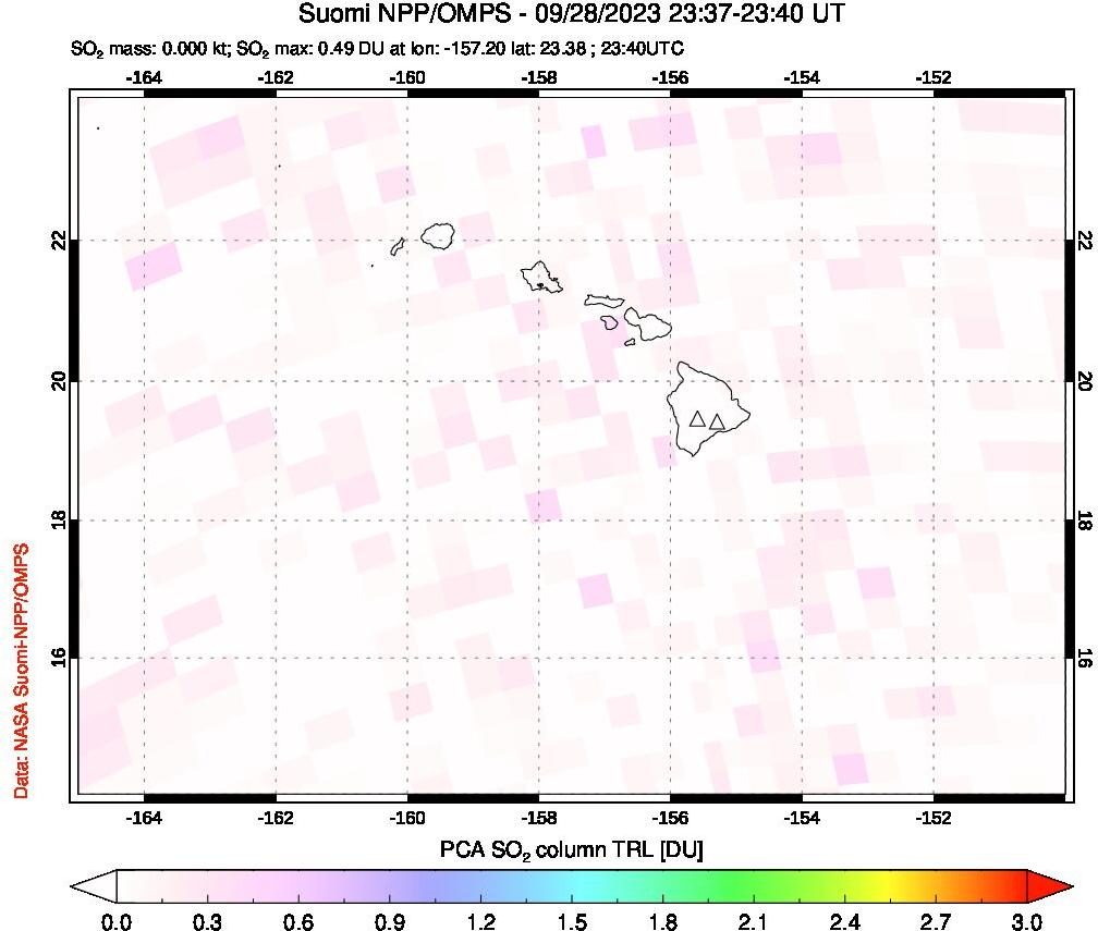 A sulfur dioxide image over Hawaii, USA on Sep 28, 2023.