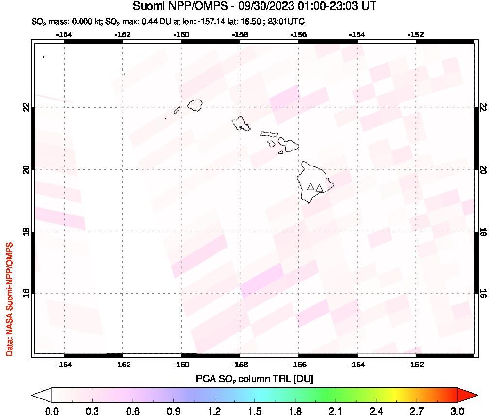 A sulfur dioxide image over Hawaii, USA on Sep 30, 2023.