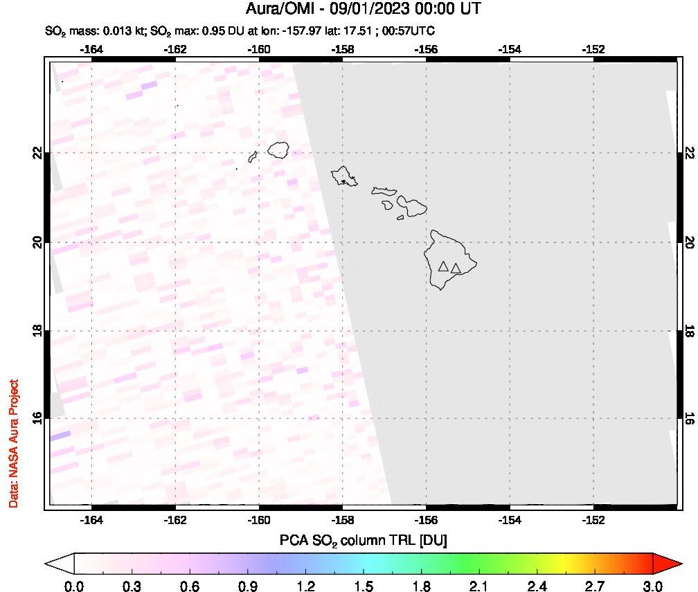A sulfur dioxide image over Hawaii, USA on Sep 01, 2023.