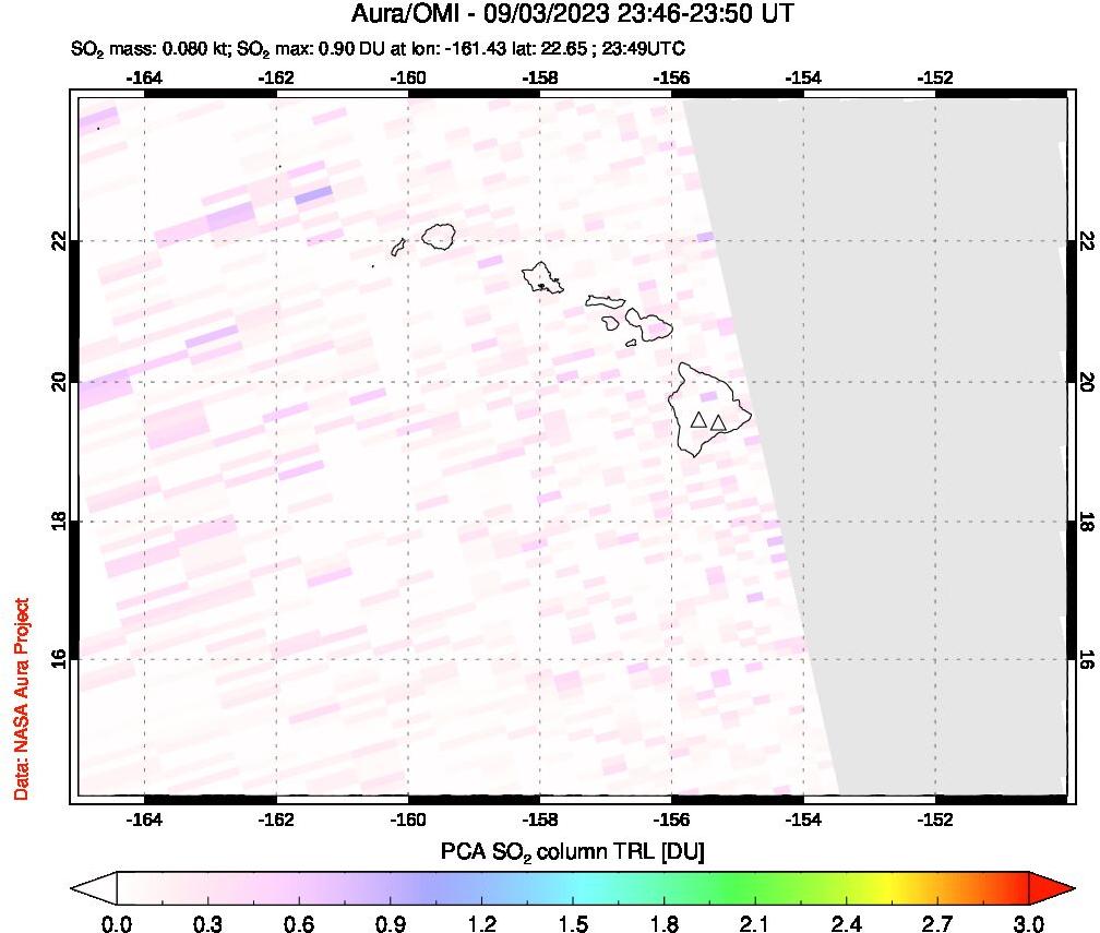 A sulfur dioxide image over Hawaii, USA on Sep 03, 2023.