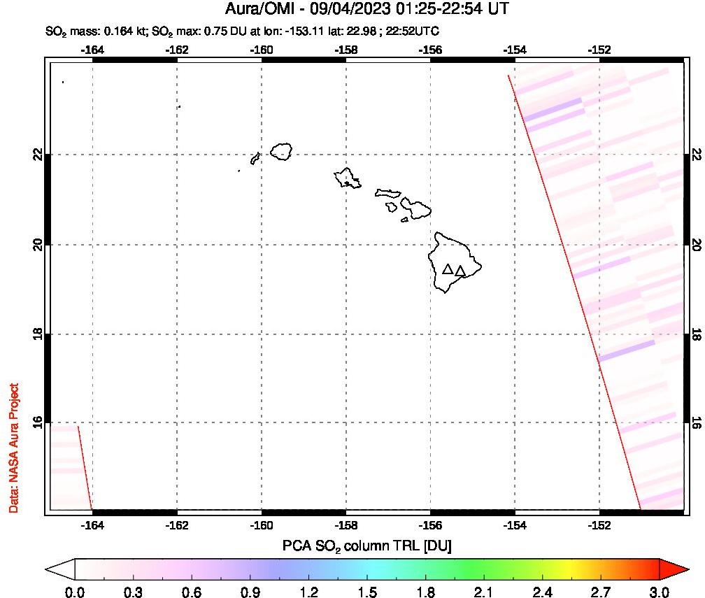 A sulfur dioxide image over Hawaii, USA on Sep 04, 2023.
