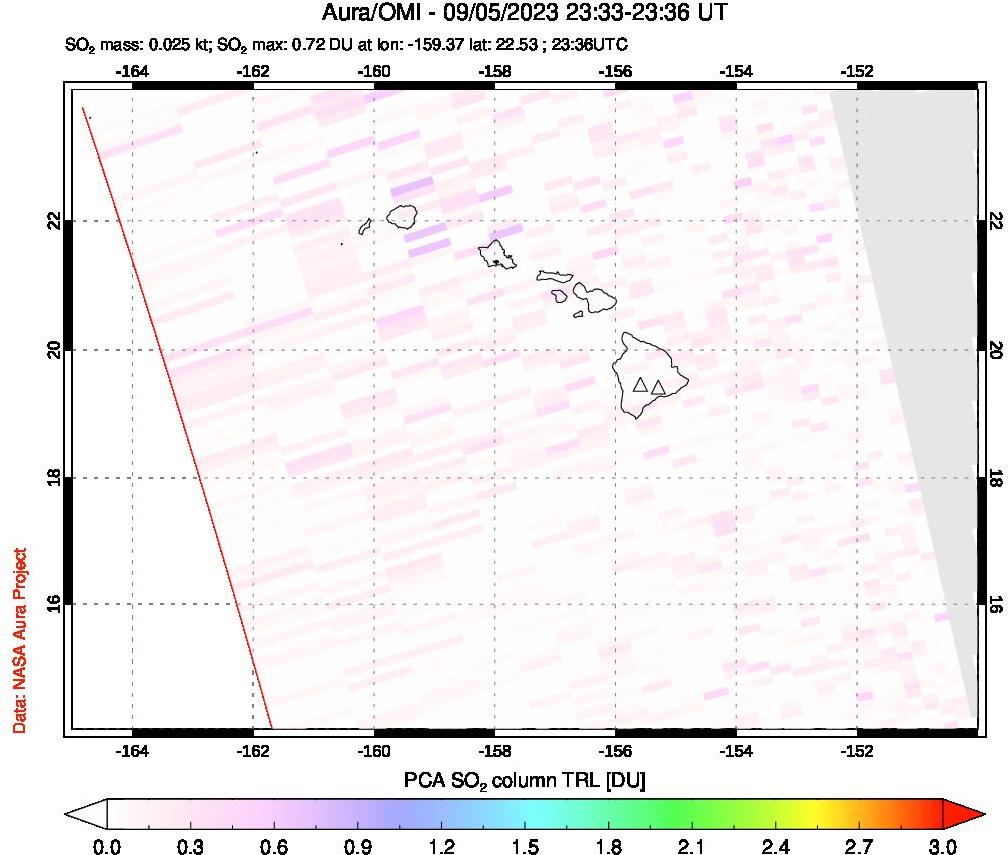 A sulfur dioxide image over Hawaii, USA on Sep 05, 2023.