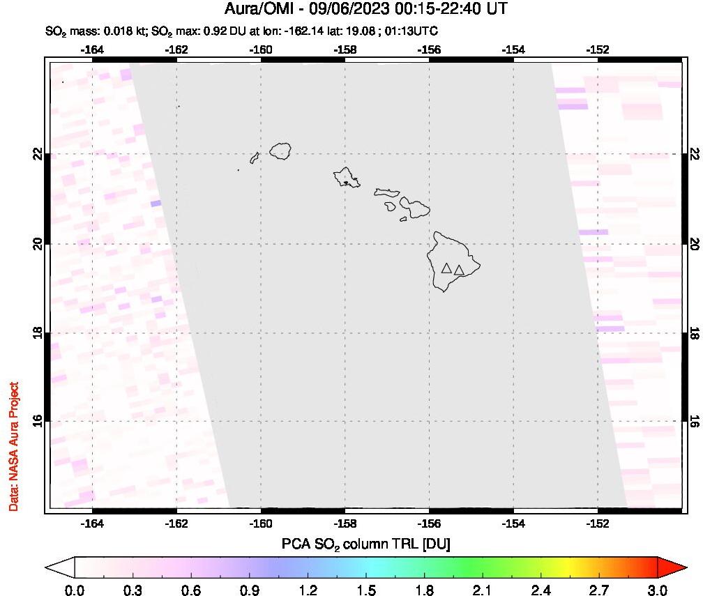 A sulfur dioxide image over Hawaii, USA on Sep 06, 2023.
