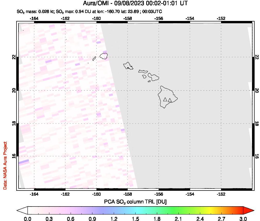 A sulfur dioxide image over Hawaii, USA on Sep 08, 2023.