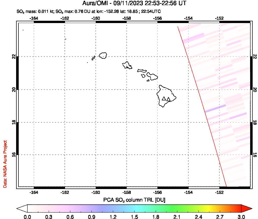A sulfur dioxide image over Hawaii, USA on Sep 11, 2023.