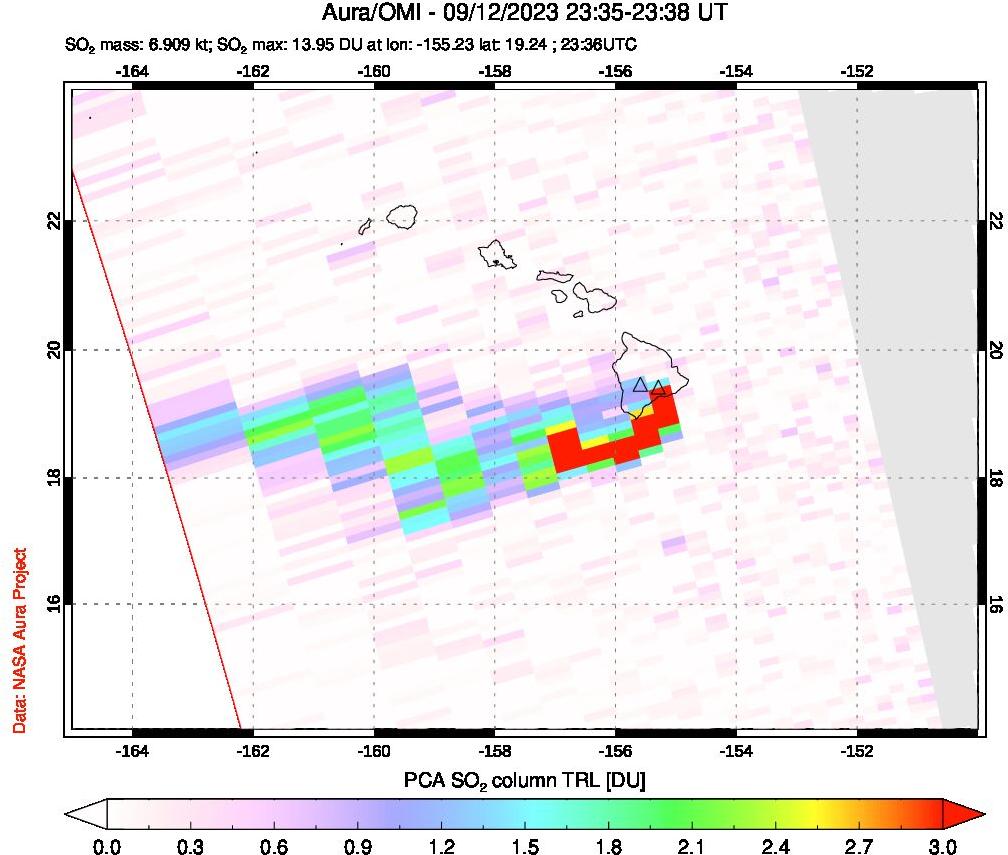 A sulfur dioxide image over Hawaii, USA on Sep 12, 2023.