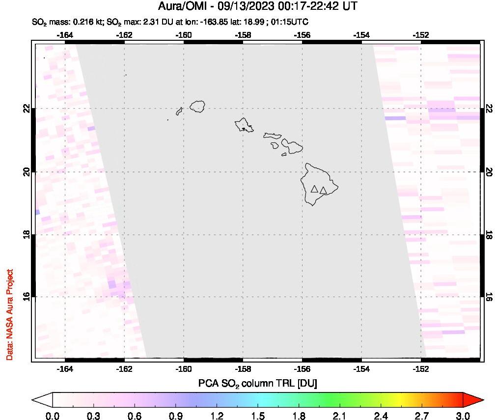 A sulfur dioxide image over Hawaii, USA on Sep 13, 2023.