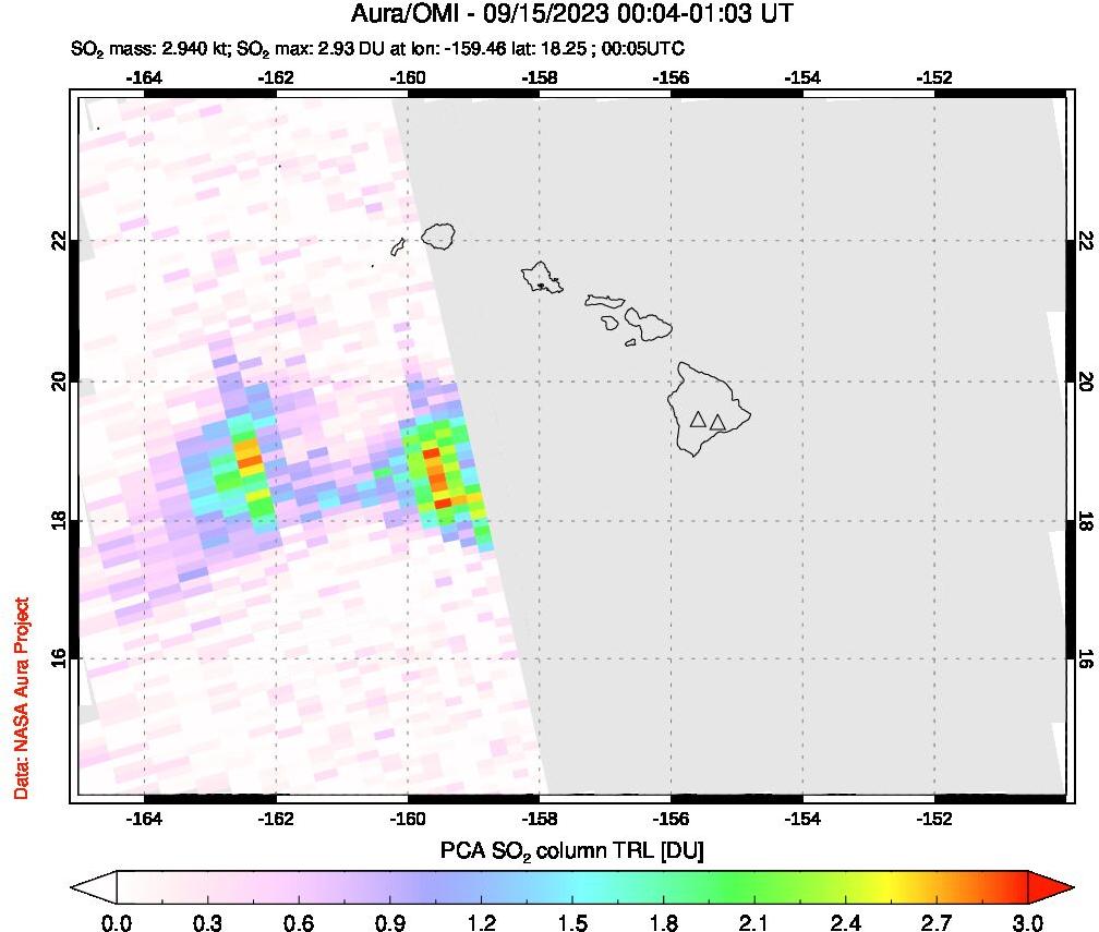 A sulfur dioxide image over Hawaii, USA on Sep 15, 2023.