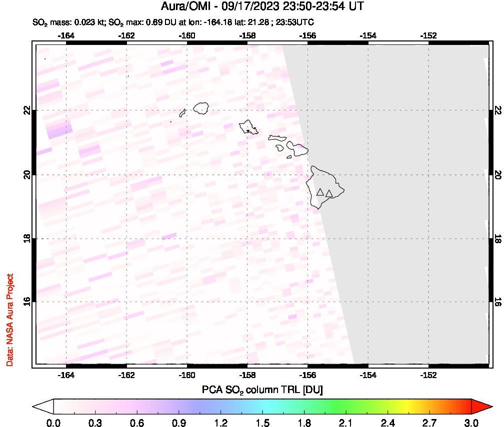 A sulfur dioxide image over Hawaii, USA on Sep 17, 2023.