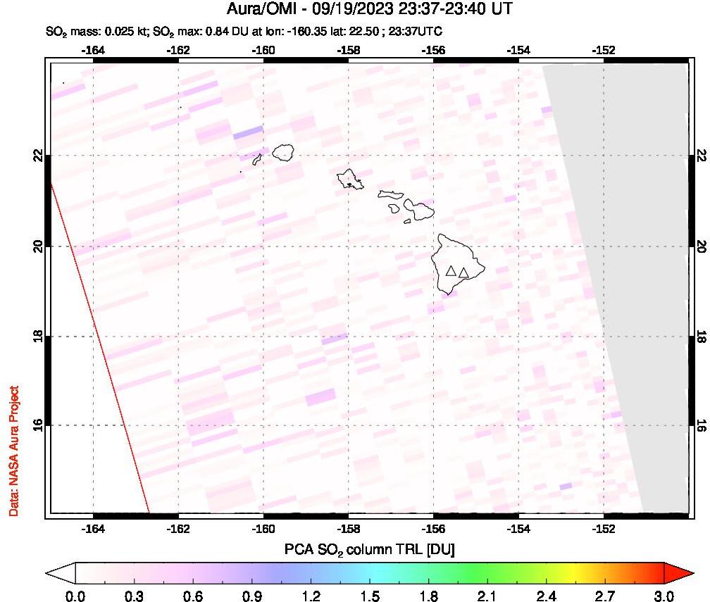 A sulfur dioxide image over Hawaii, USA on Sep 19, 2023.