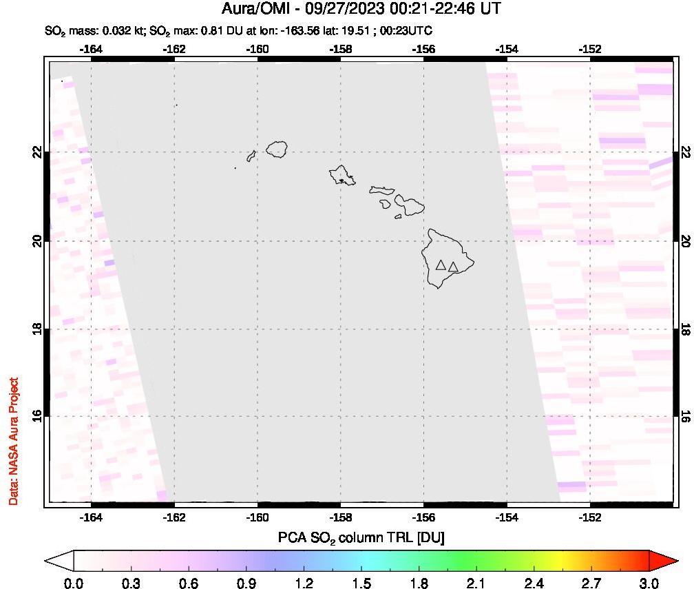 A sulfur dioxide image over Hawaii, USA on Sep 27, 2023.