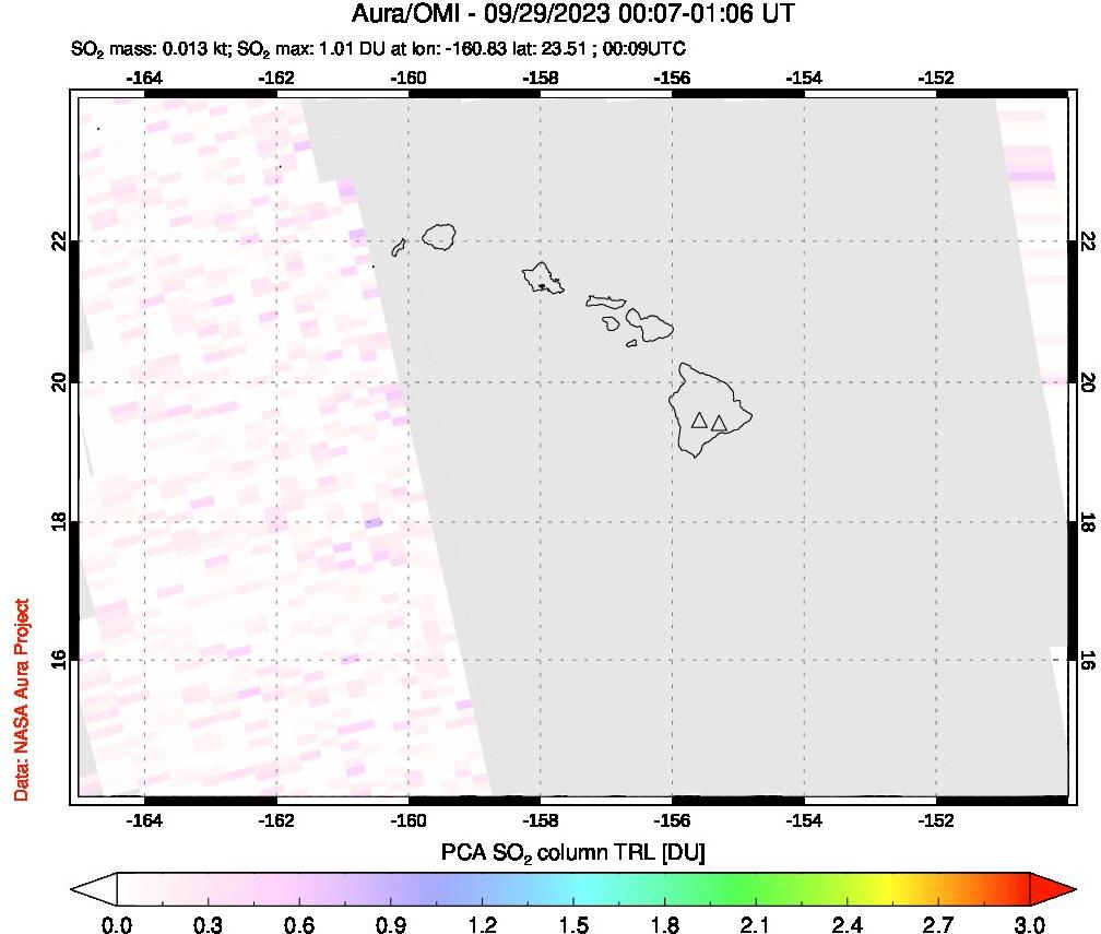 A sulfur dioxide image over Hawaii, USA on Sep 29, 2023.