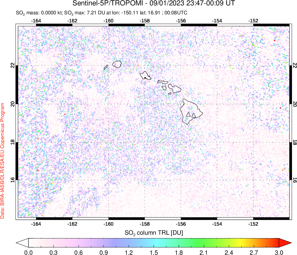 A sulfur dioxide image over Hawaii, USA on Sep 01, 2023.