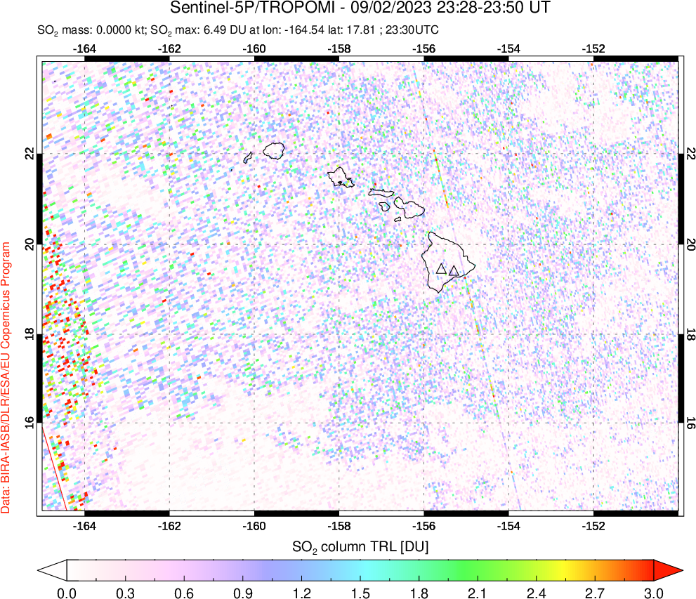 A sulfur dioxide image over Hawaii, USA on Sep 02, 2023.