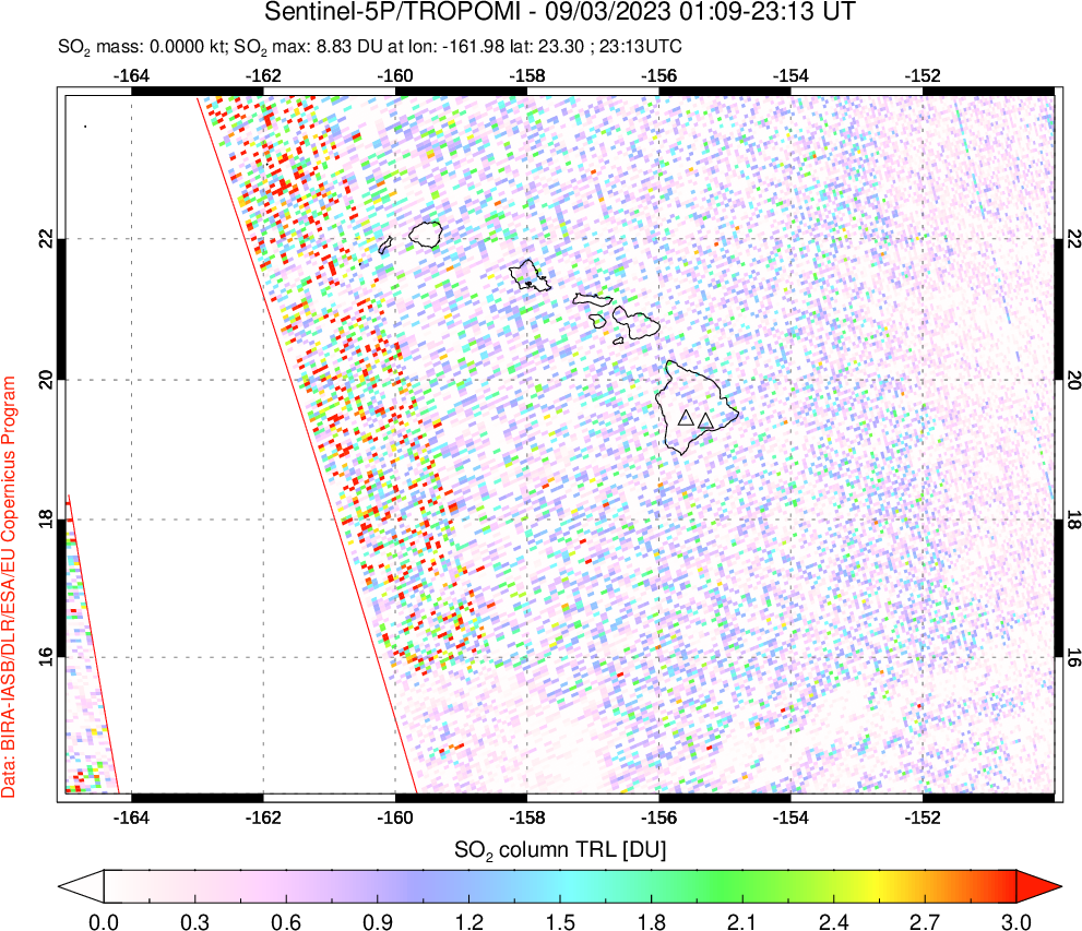 A sulfur dioxide image over Hawaii, USA on Sep 03, 2023.