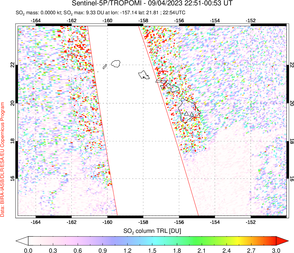 A sulfur dioxide image over Hawaii, USA on Sep 04, 2023.