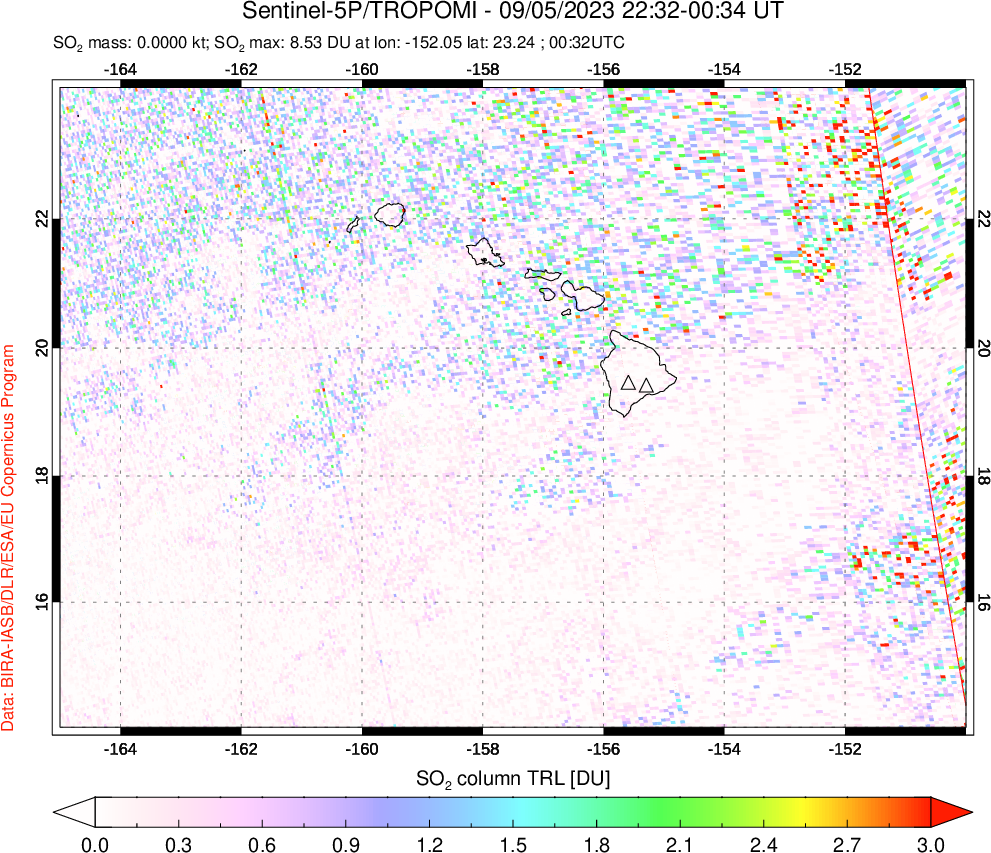 A sulfur dioxide image over Hawaii, USA on Sep 05, 2023.