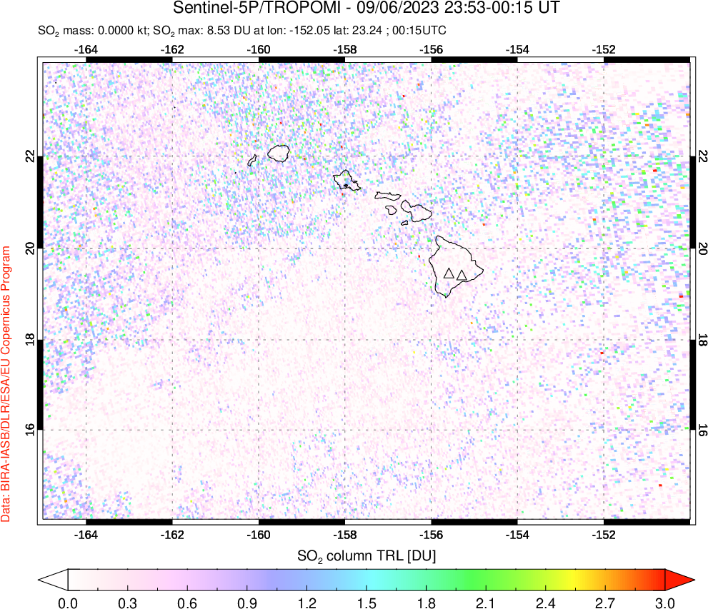 A sulfur dioxide image over Hawaii, USA on Sep 06, 2023.