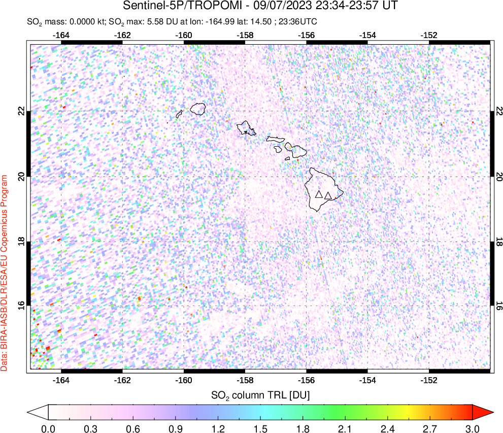 A sulfur dioxide image over Hawaii, USA on Sep 07, 2023.