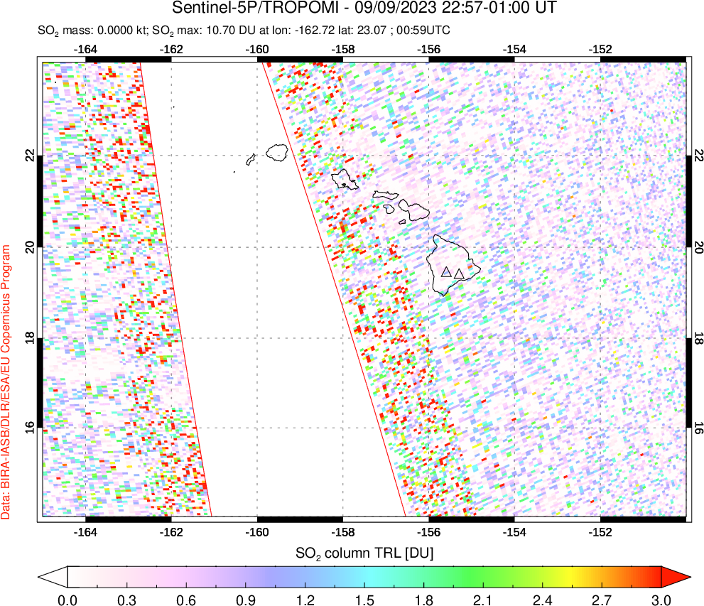 A sulfur dioxide image over Hawaii, USA on Sep 09, 2023.