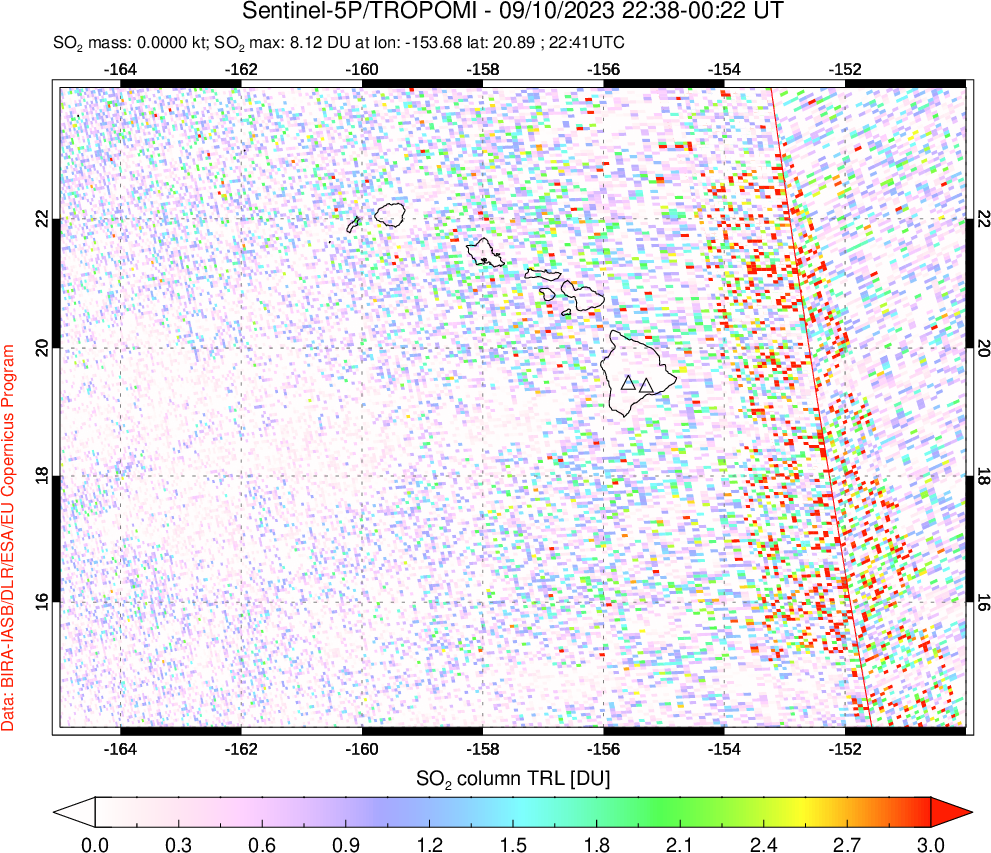 A sulfur dioxide image over Hawaii, USA on Sep 10, 2023.