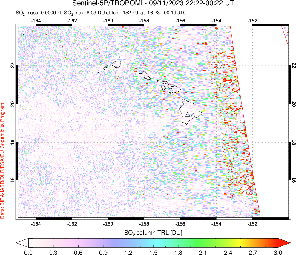 A sulfur dioxide image over Hawaii, USA on Sep 11, 2023.