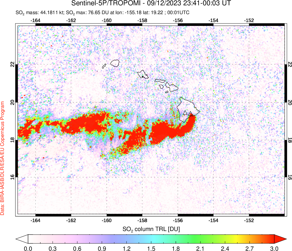 A sulfur dioxide image over Hawaii, USA on Sep 12, 2023.