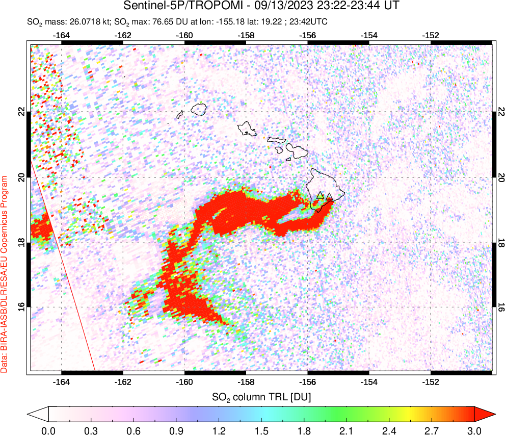 A sulfur dioxide image over Hawaii, USA on Sep 13, 2023.