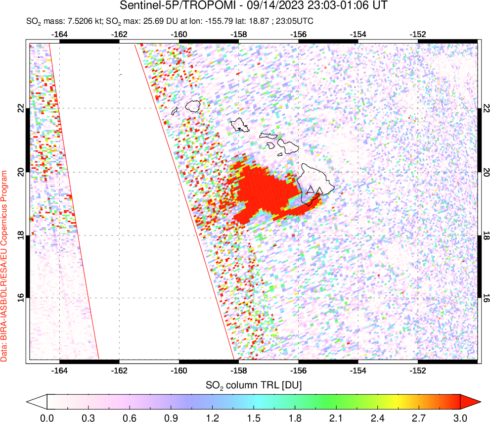 A sulfur dioxide image over Hawaii, USA on Sep 14, 2023.