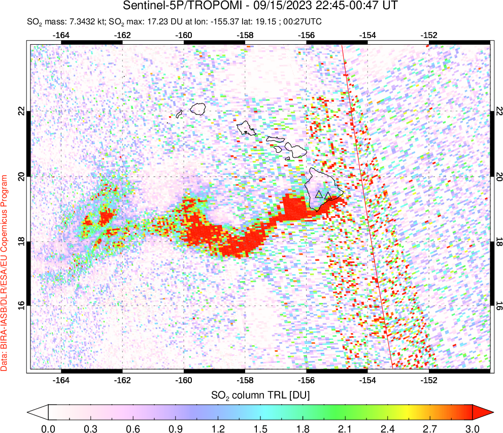 A sulfur dioxide image over Hawaii, USA on Sep 15, 2023.