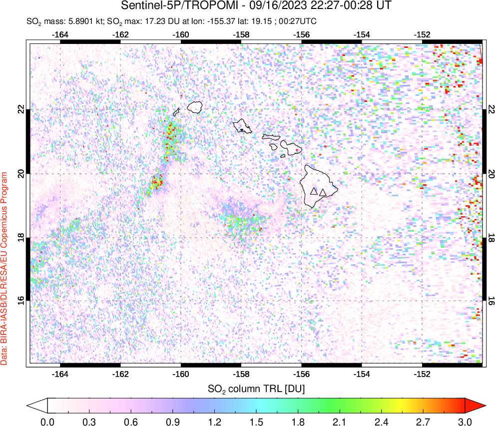 A sulfur dioxide image over Hawaii, USA on Sep 16, 2023.