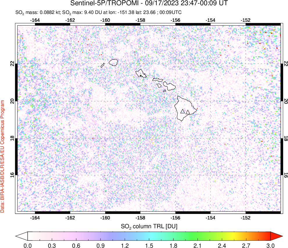 A sulfur dioxide image over Hawaii, USA on Sep 17, 2023.