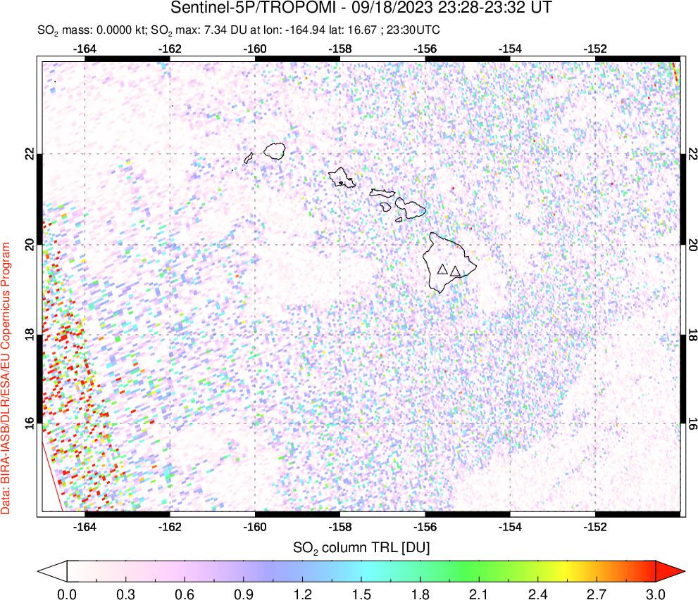 A sulfur dioxide image over Hawaii, USA on Sep 18, 2023.