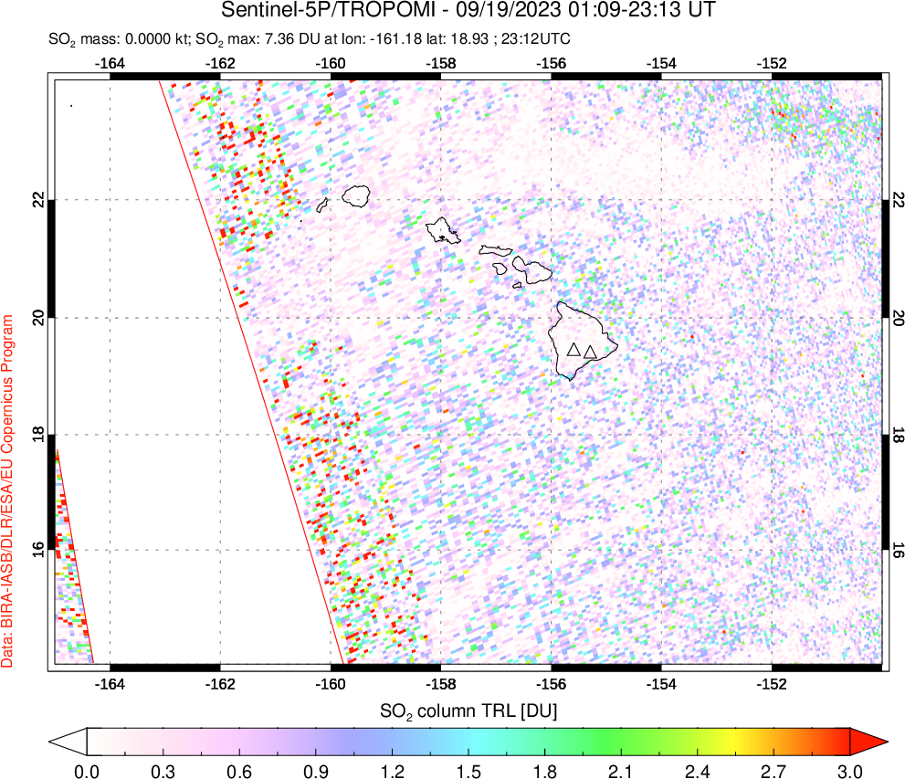 A sulfur dioxide image over Hawaii, USA on Sep 19, 2023.